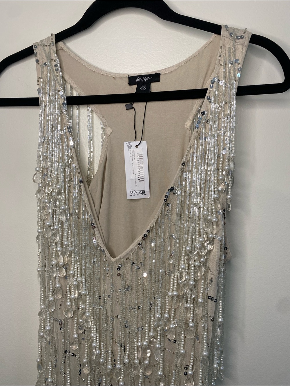 Nasty Gal NWT Tear Drop Tassel Plunge Mini Dress Beaded Nude Size 8 - Picture 3 of 11